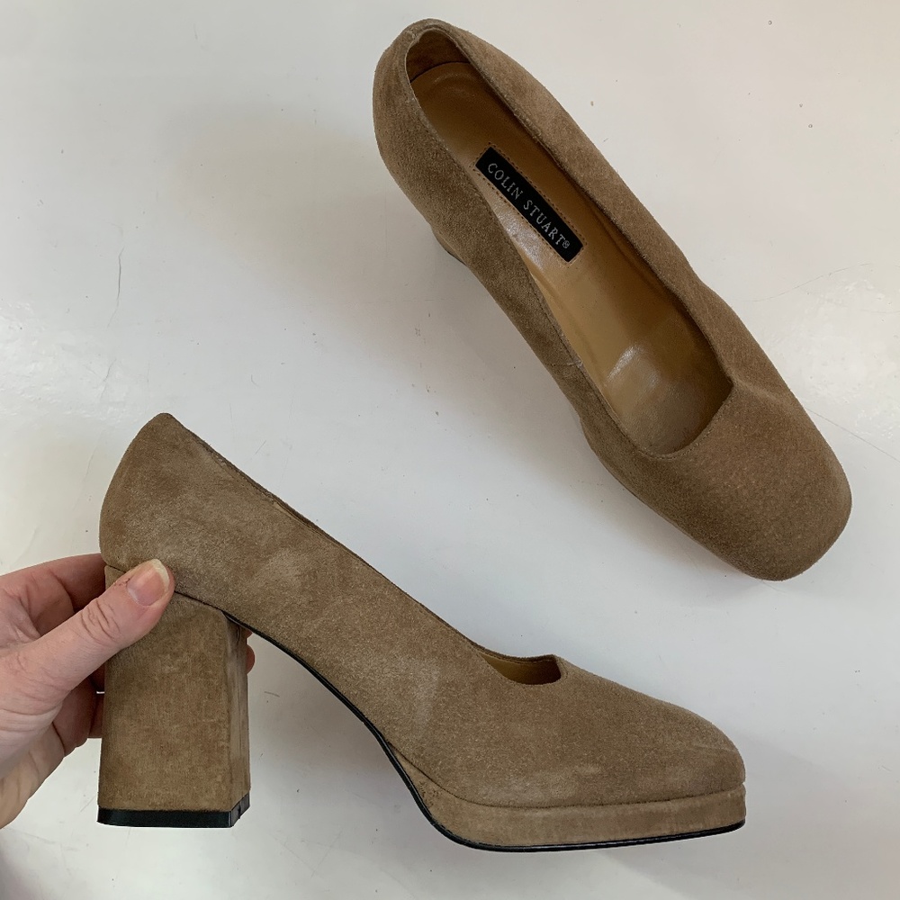 Colin Stuart Suede Leather Square Toe Block Heels